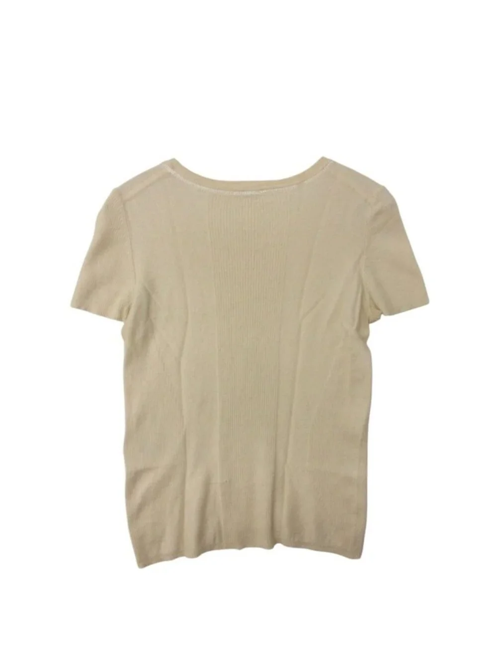 Chanel Knit Logo Plate Cashmere Silk Rib Contrast Short Sleeve Top Light Beige